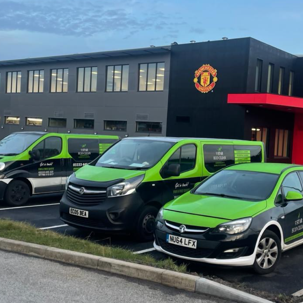 5 Star Eco's cleaning vans parked outside Manchester United