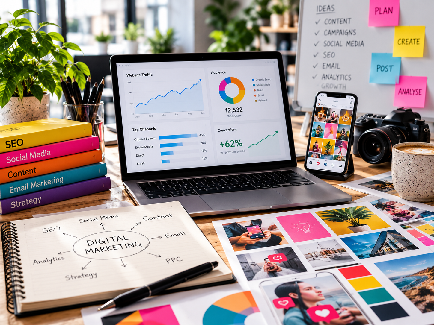 Digital marketing including SEO, social media, email marketing and content strategy for businesses